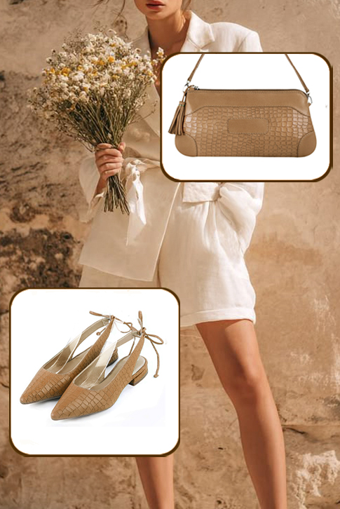 Dress slingback heels in camel beige leather with flat flare heels and pointed toe - Worn view